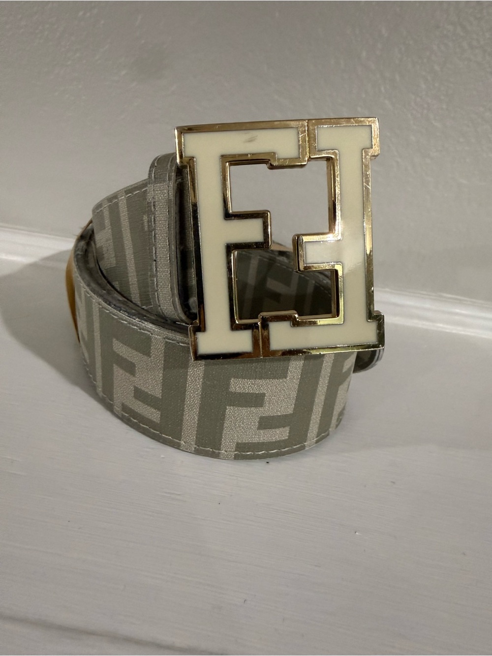 Authentic Fendi FF Zucca Monogram Belt Gold Tone Buckle